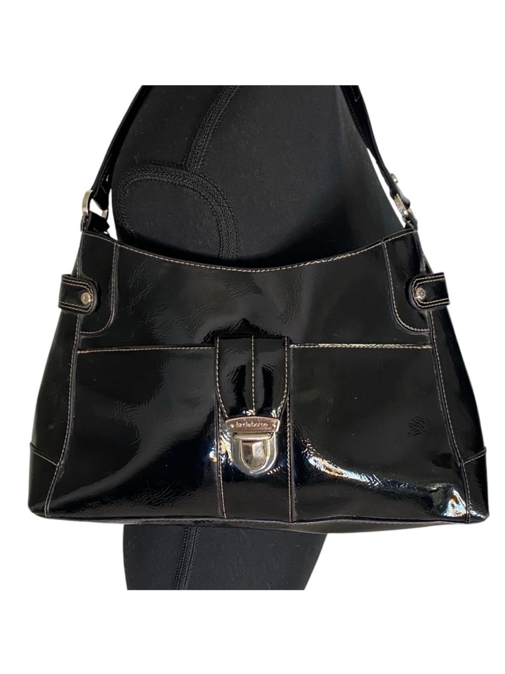 LIZ CLAIBORNE Black Patent Shoulder Bag Handbag Purse *Flaw*